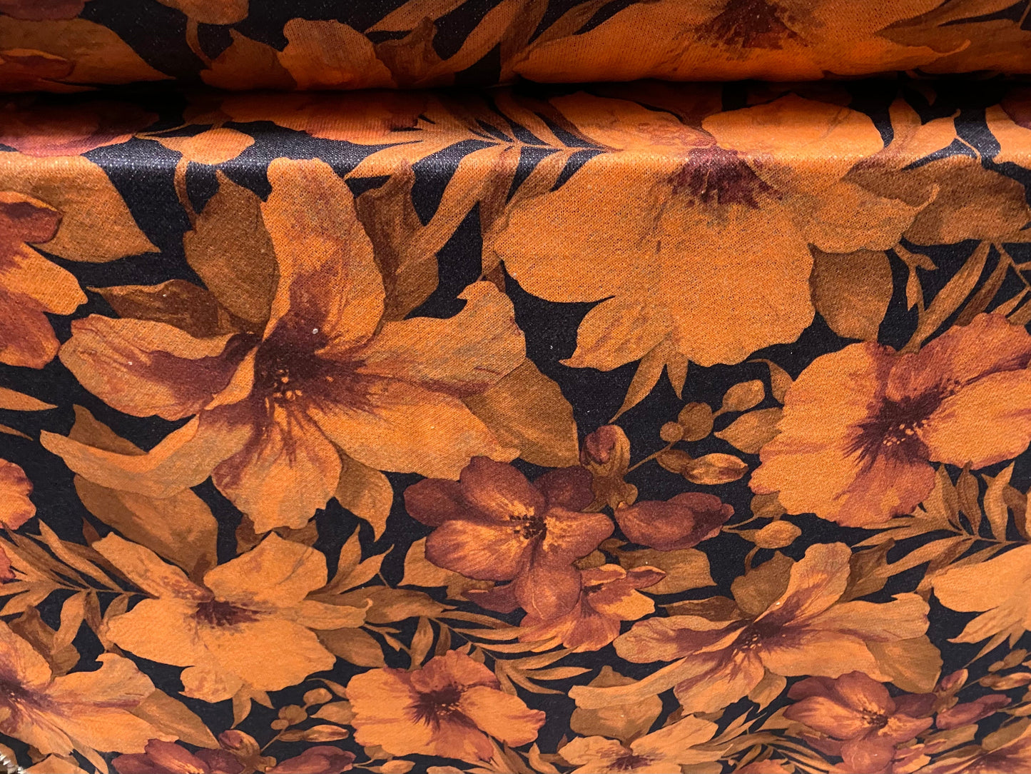Soft Loopback jersey knitwear fabric, per metre - floral print - Orange & black
