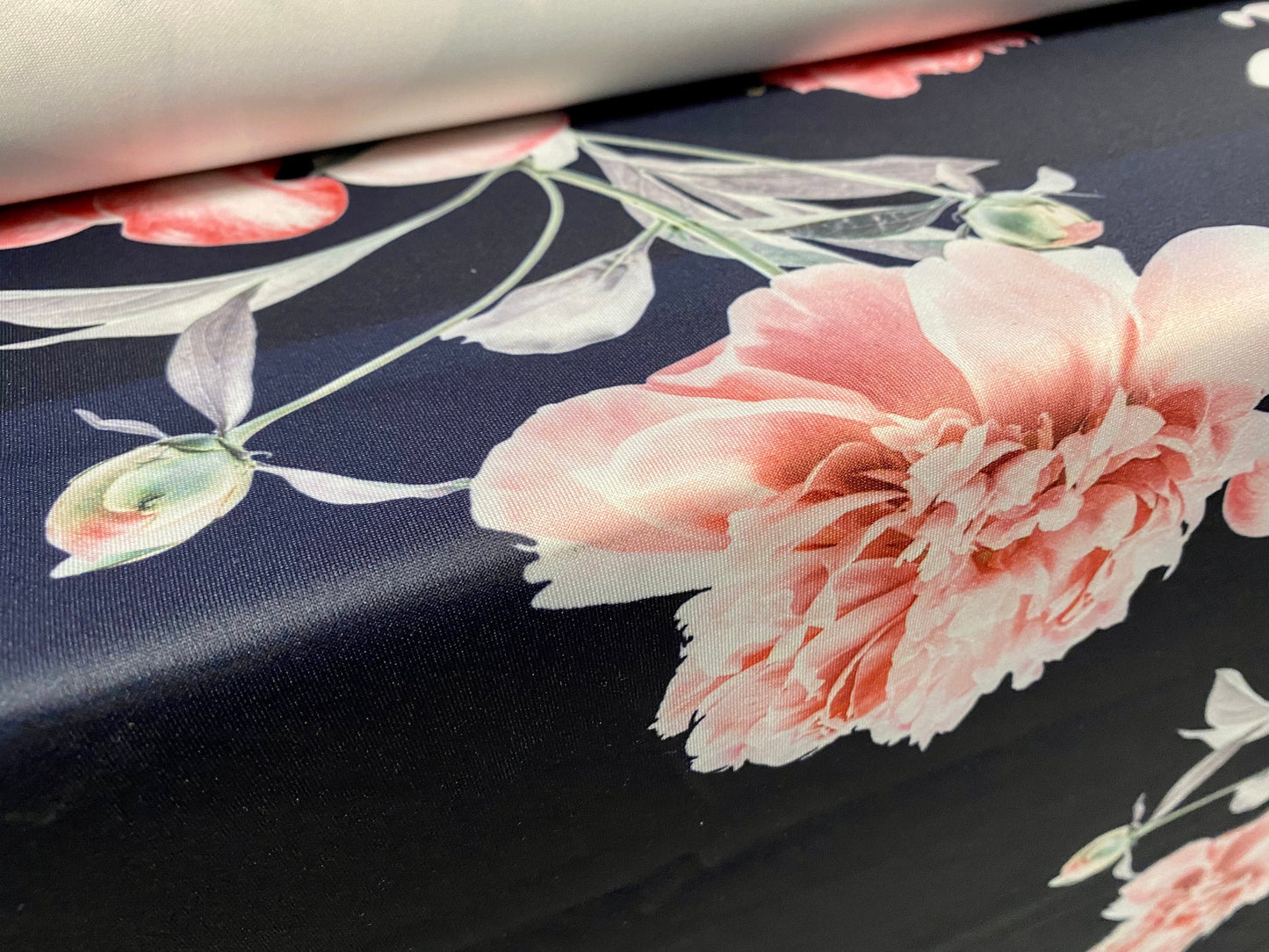 Scuba stretch spandex jersey neoprene style fabric, per metre - Lily flower print - Navy & pink