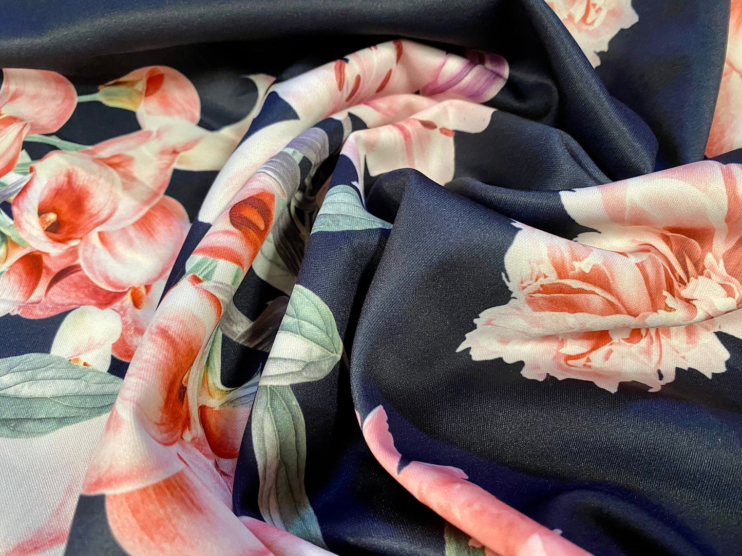 Scuba stretch spandex jersey neoprene style fabric, per metre - Lily flower print - Navy & pink