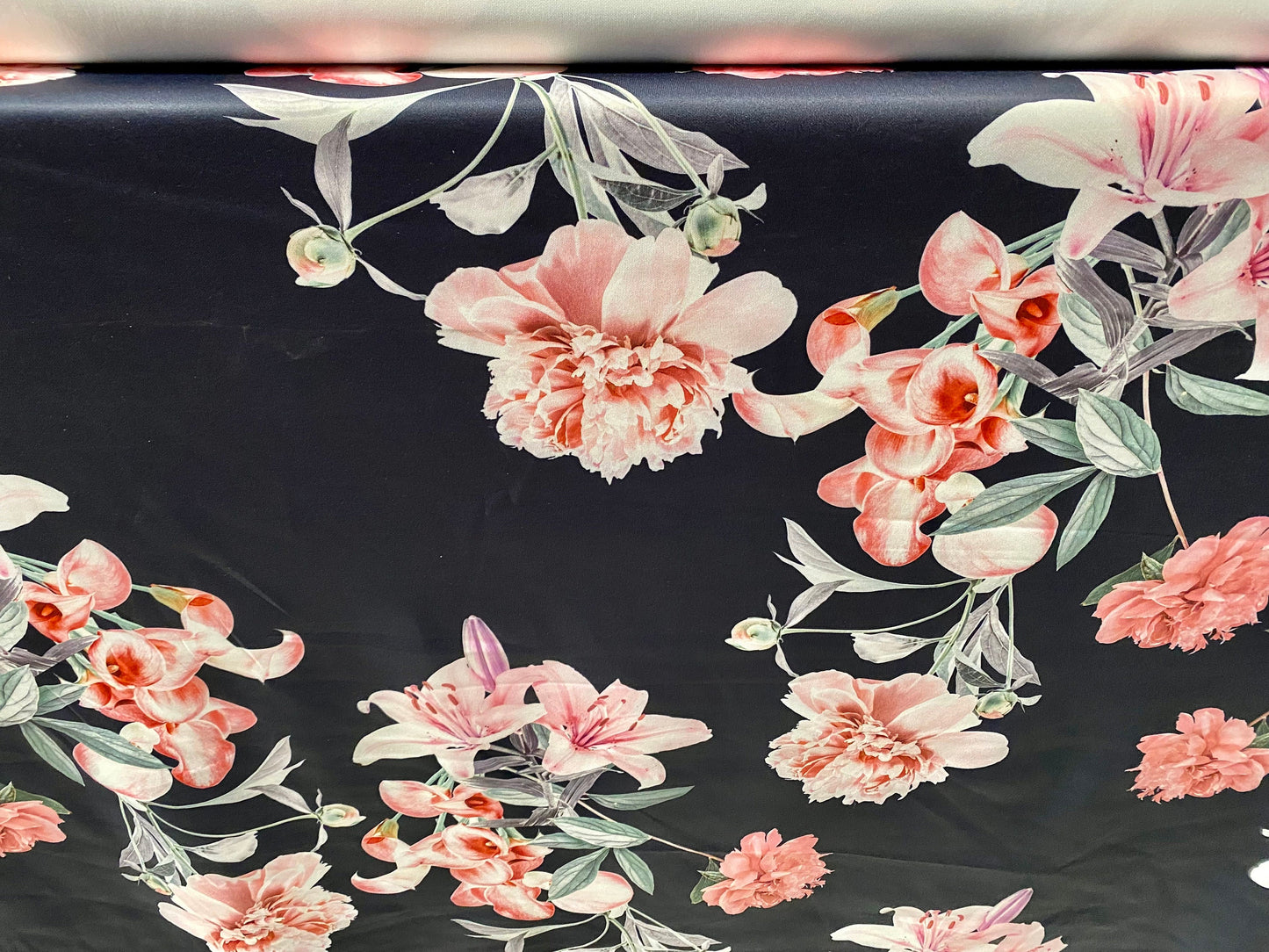 Scuba stretch spandex jersey neoprene style fabric, per metre - Lily flower print - Navy & pink