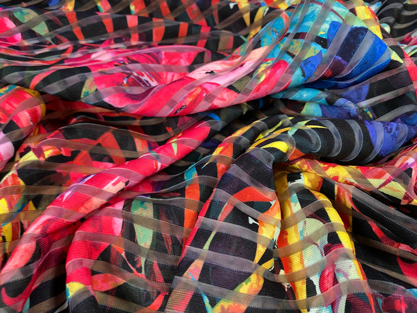 Ottoman rib burnout stripe jersey fabric , per metre - exotic flower print - black & pink