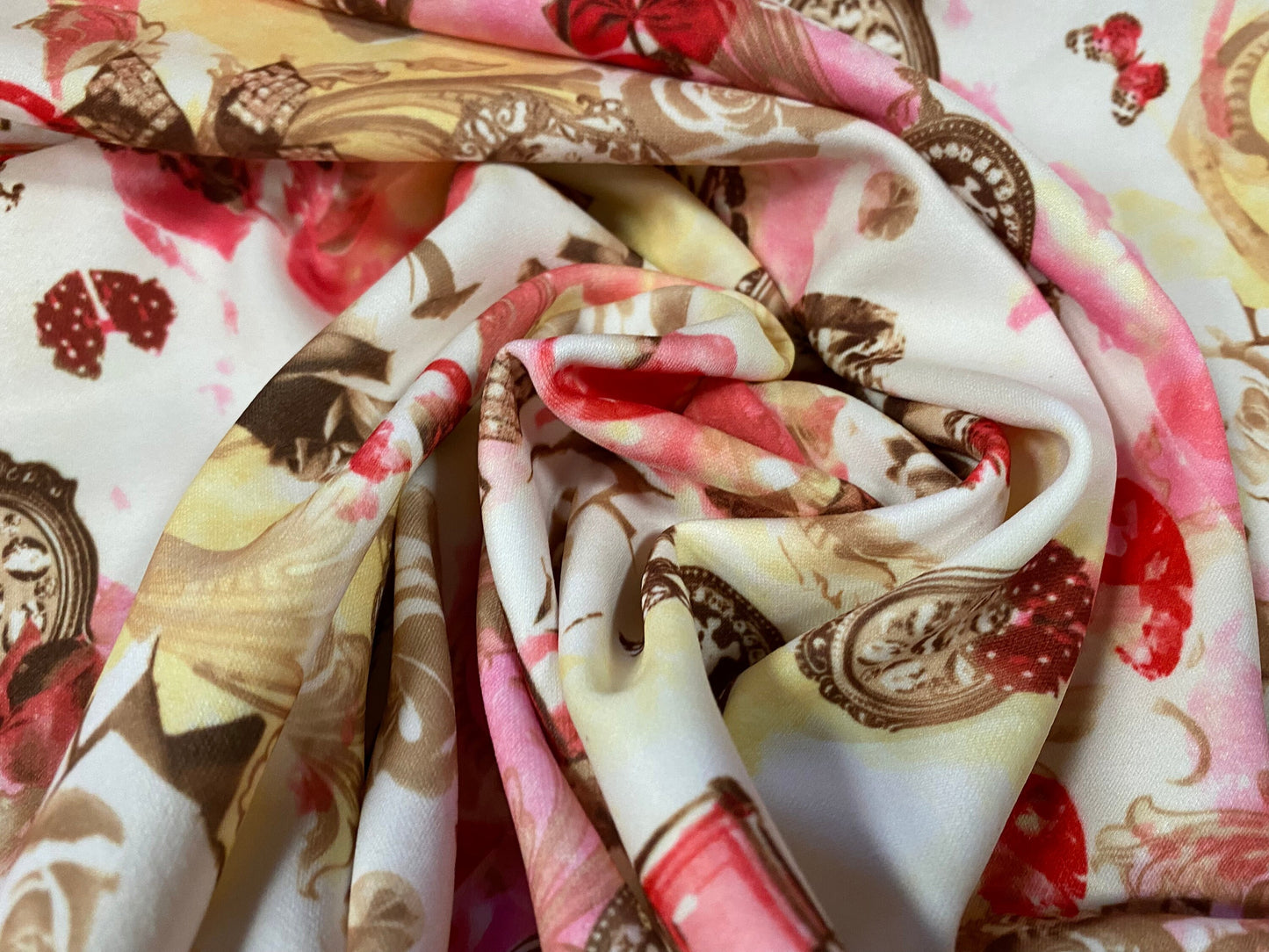 Scuba spandex stretch neoprene style jersey fashion fabric, per metre - steampunk skulls and Roses print - pink