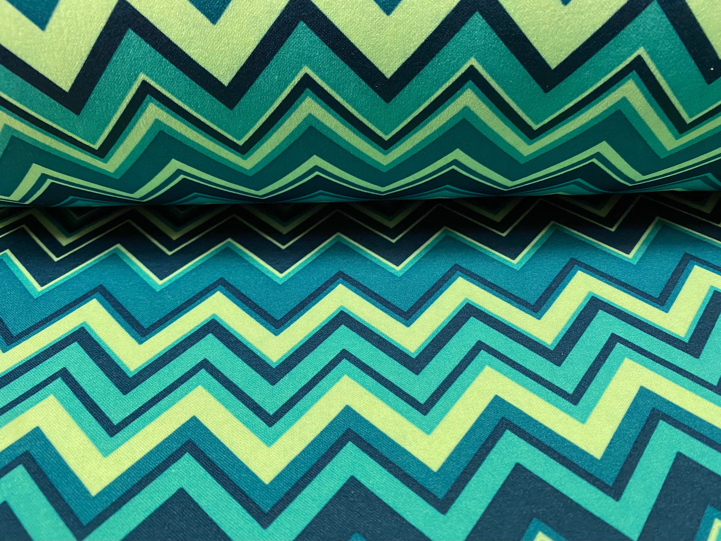 Scuba spandex stretch neoprene style jersey fashion fabric, per metre - Chevron print - teal & lime