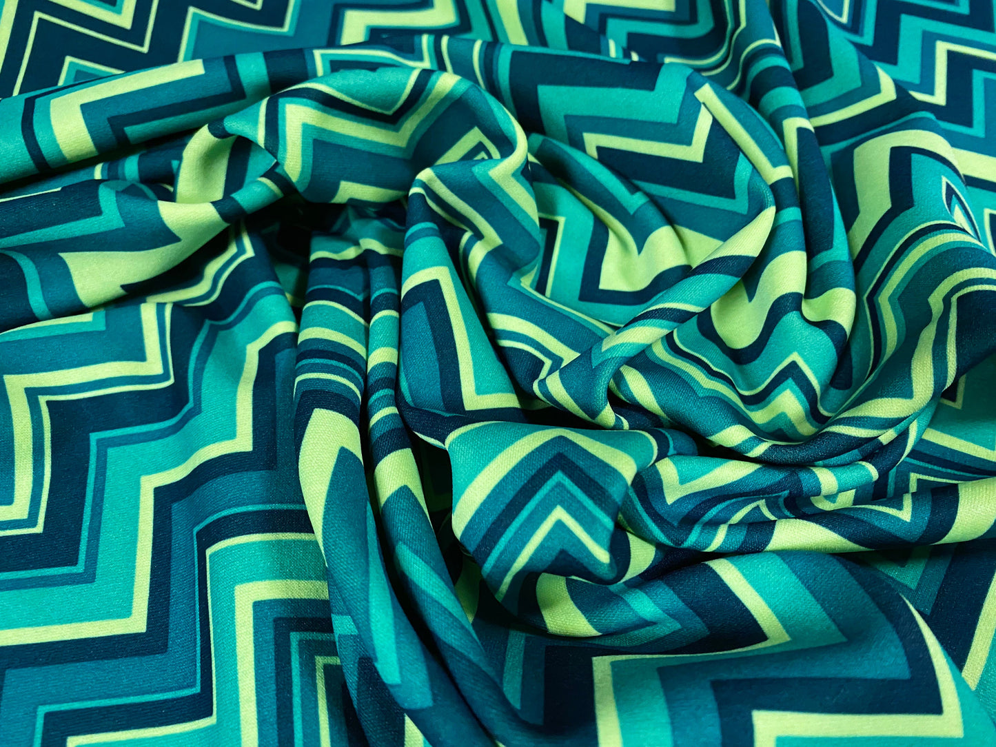 Scuba spandex stretch neoprene style jersey fashion fabric, per metre - Chevron print - teal & lime