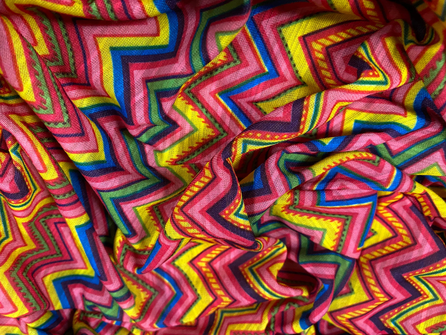 Soft handle single jersey printed fabric, per metre - tutti frutti zigzag chevron print