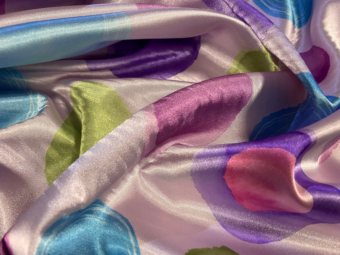 Silky Stretch charmeuse satin dress fabric, per metre - smudge circles print - lilac