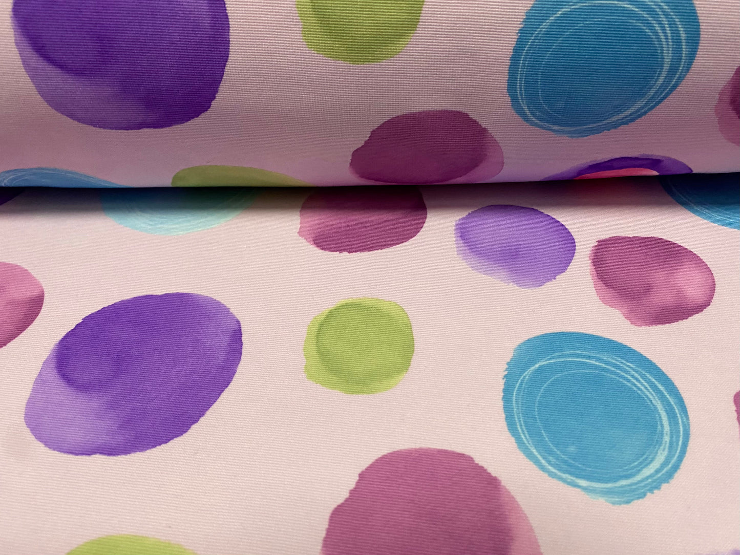 Fine Ottoman rib Stretch jersey fabric , per metre - smudge circles print - lilac