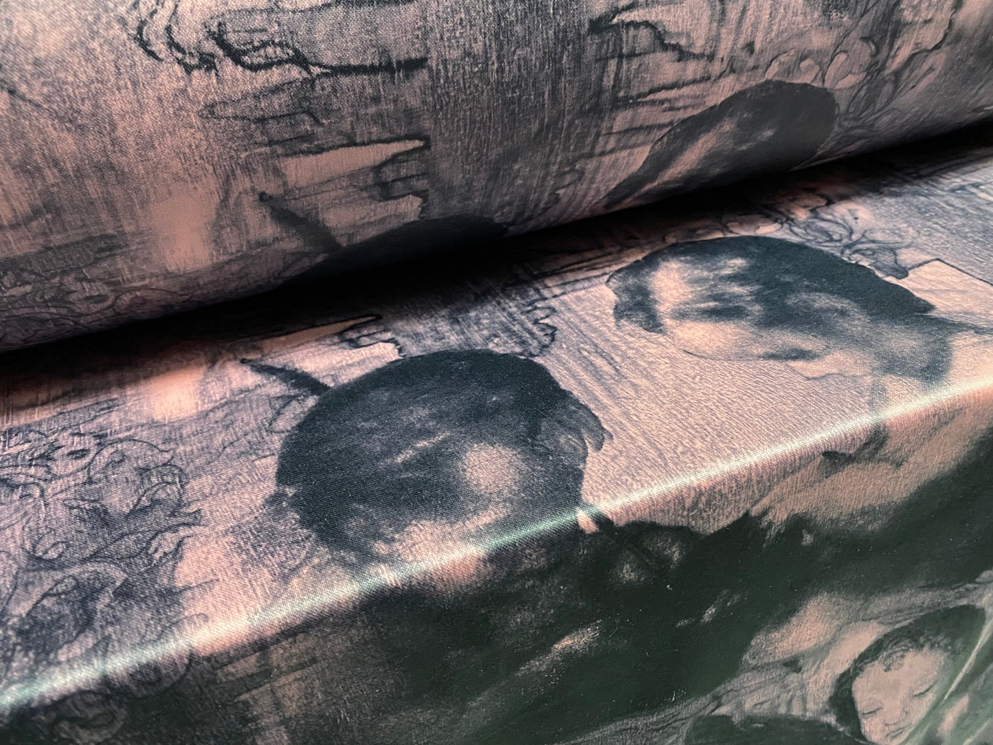 Coated Double jersey stretch spandex fabric, per metre - women and angels print - dusky pink & grey