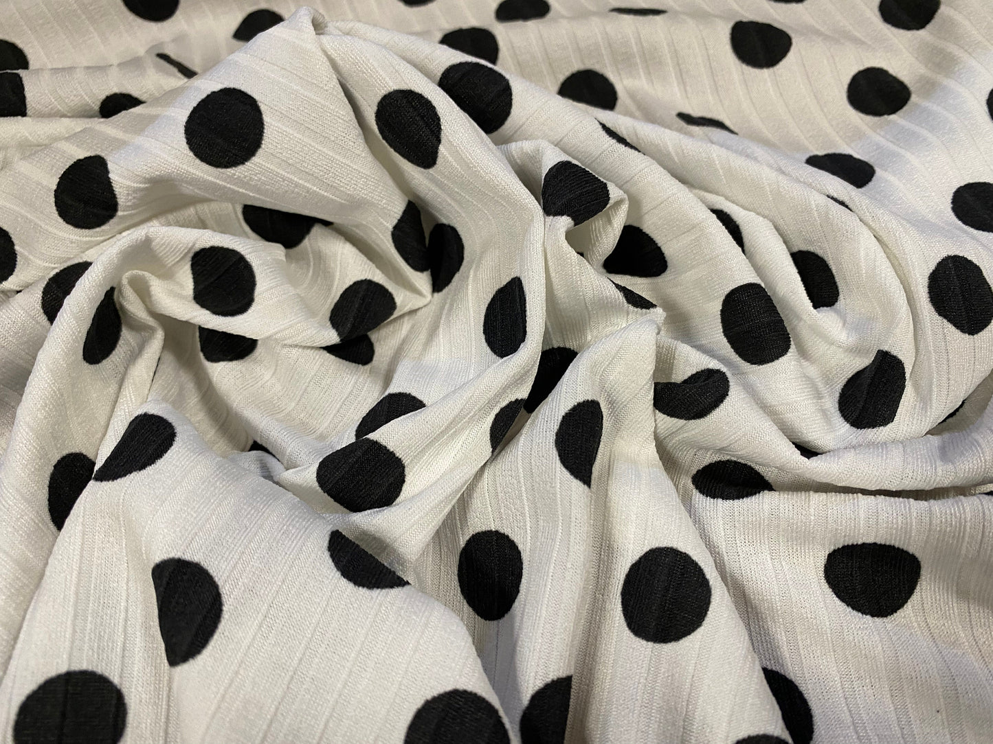 Spandex stretch rib jersey fabric, per metre - polka dot print - black and white