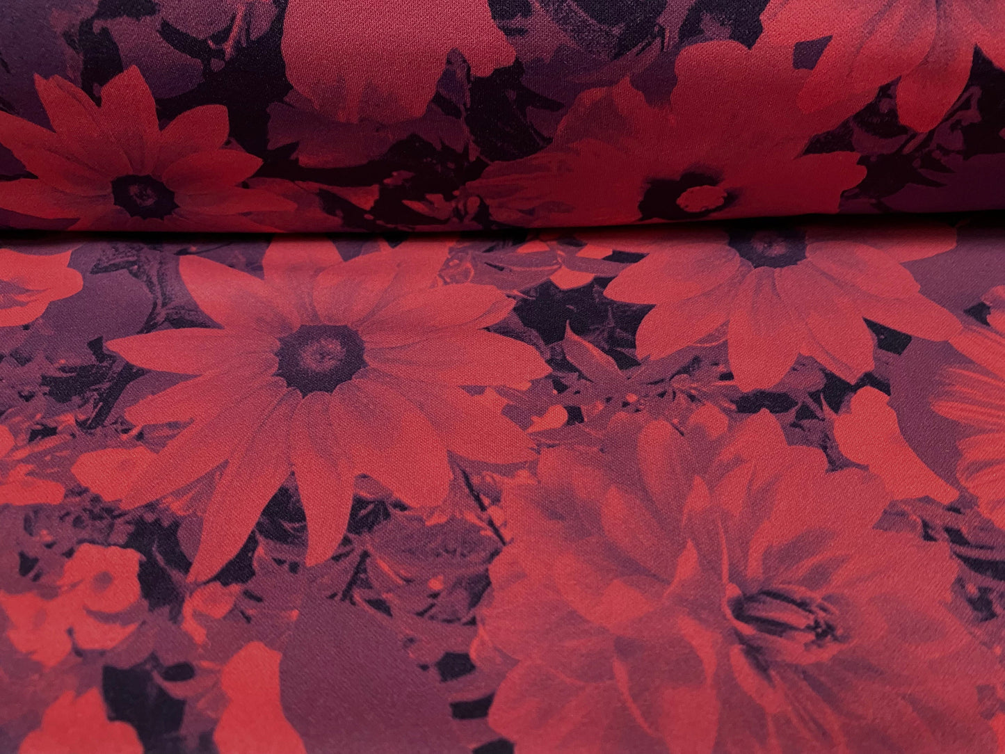 Scuba spandex neoprene style stretch jersey fabric, per metre - flower print - cerise purple