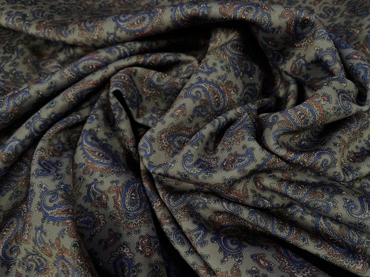 Stretch double jersey knit dress fabric, per metre - Paisley print - grey blue