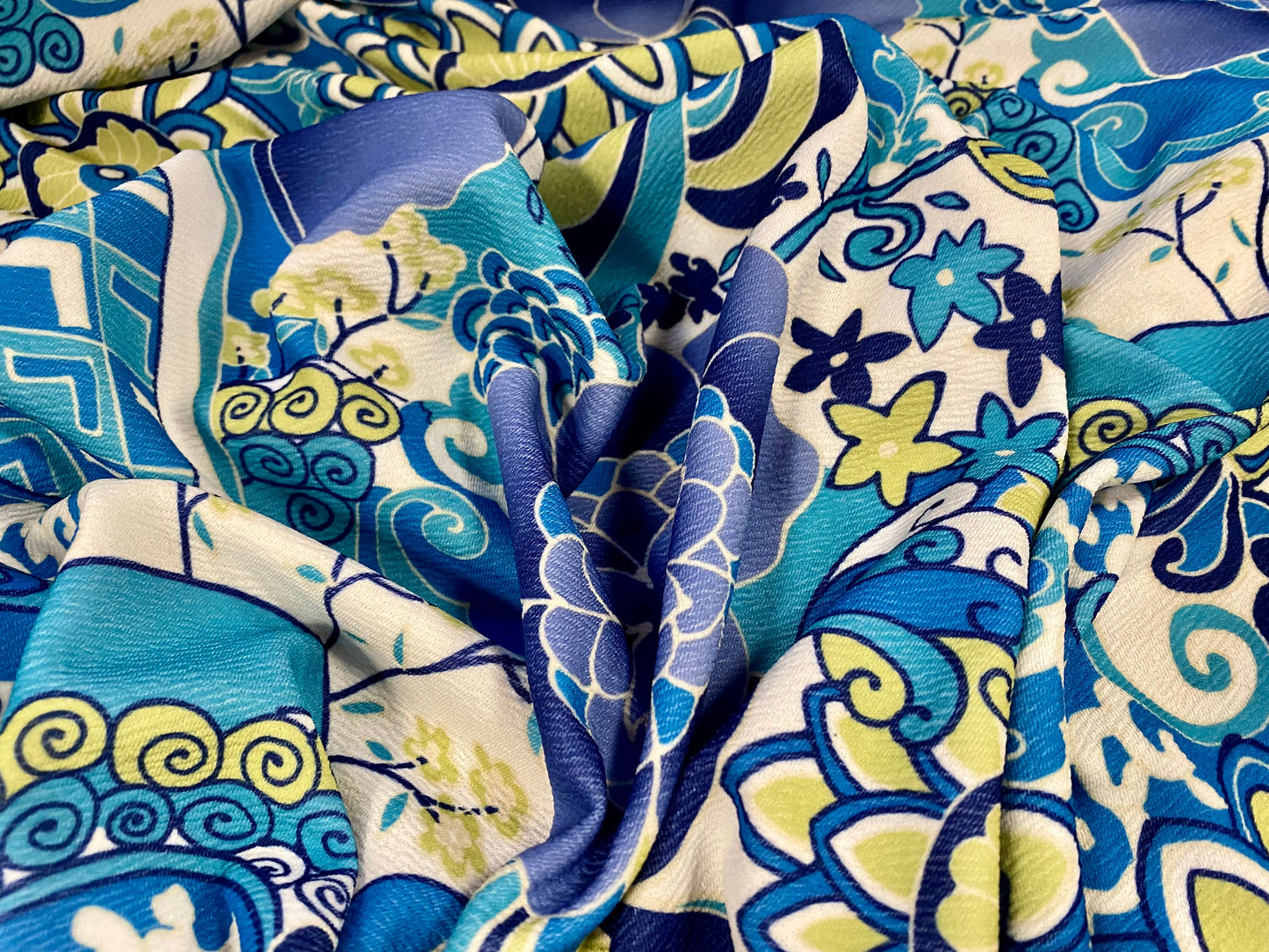 Waterfall textured scuba stretch jersey fabric, per metre - jumbo Paisley flower print - blue