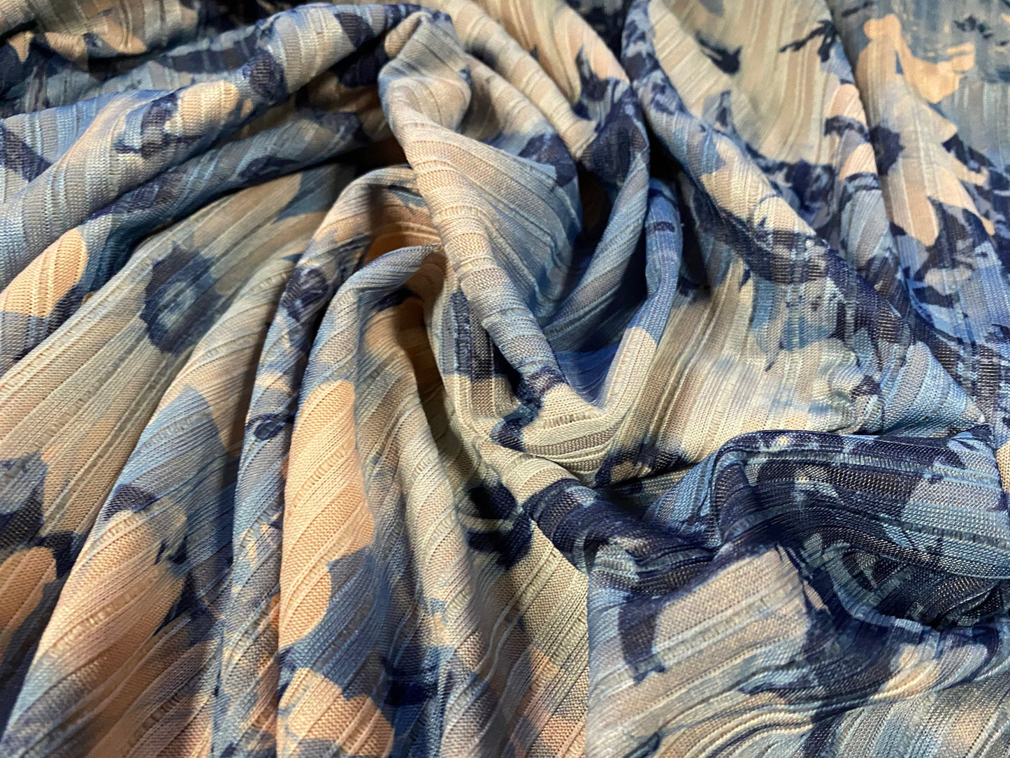 Spandex stretch rib jersey fabric, per metre - gerbera flower print - nude & blue