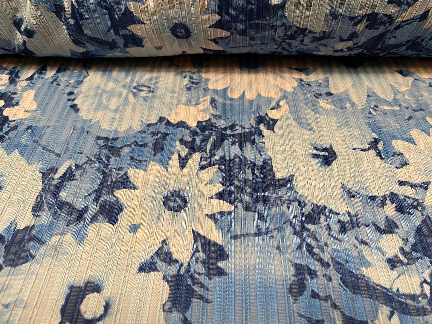 Spandex stretch rib jersey fabric, per metre - gerbera flower print - nude & blue