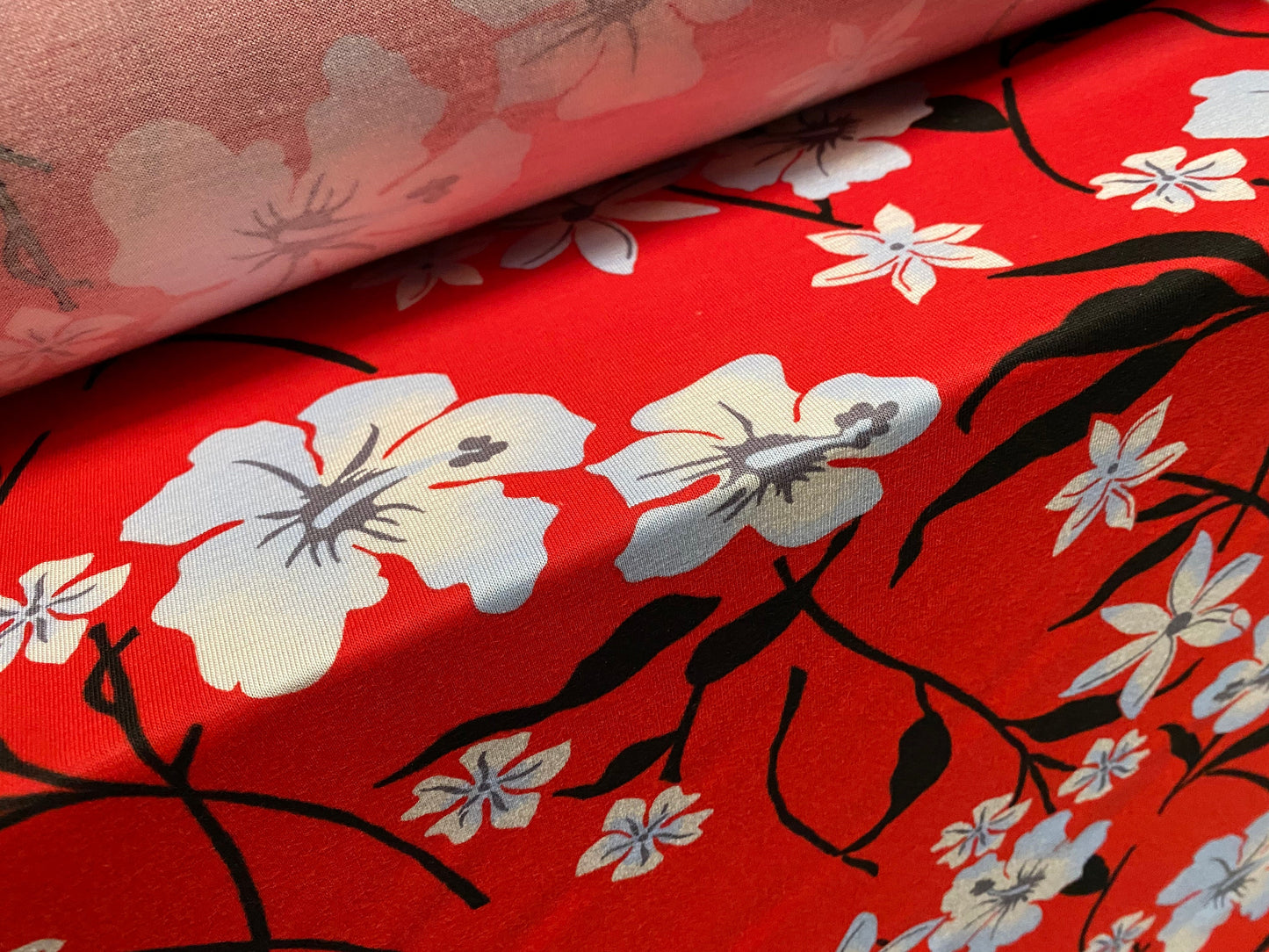Viscose spandex stretch jersey fabric, per metre - Flower floral print - red & white
