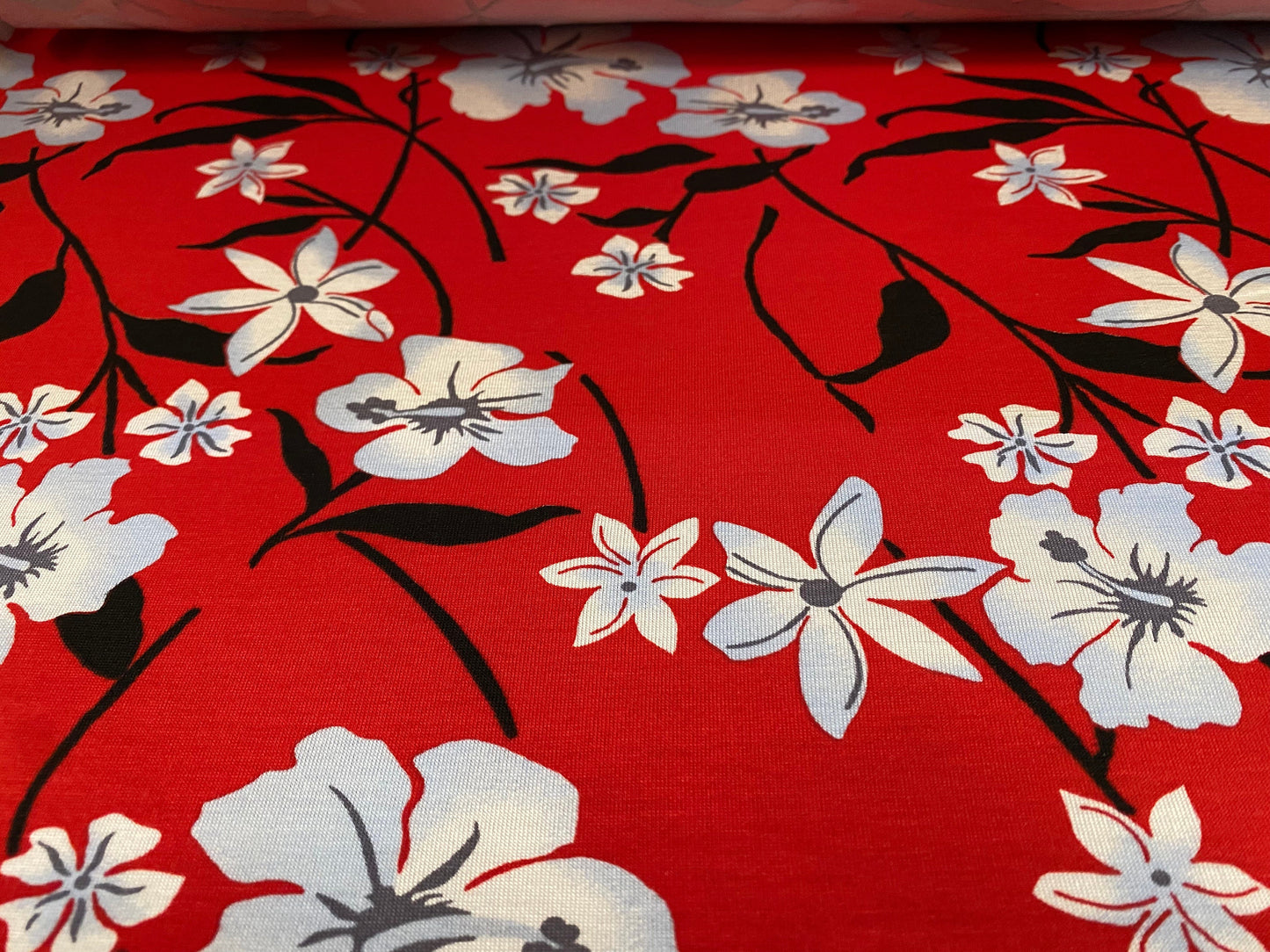 Viscose spandex stretch jersey fabric, per metre - Flower floral print - red & white