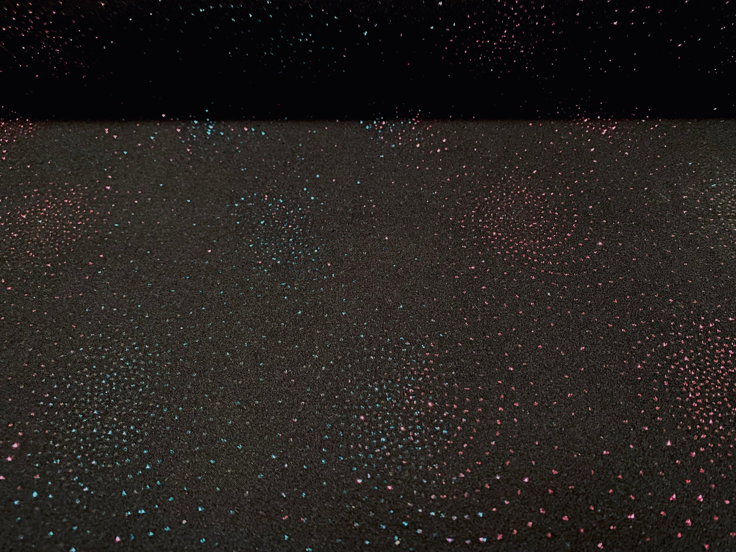 Spandex stretch Single jersey fabric, per metre - black with turquoise and pink glitter swirl