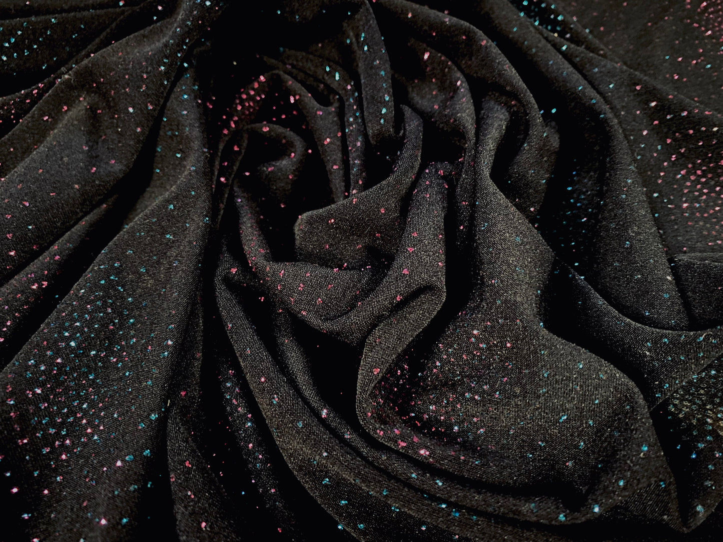 Spandex stretch Single jersey fabric, per metre - black with turquoise and pink glitter swirl