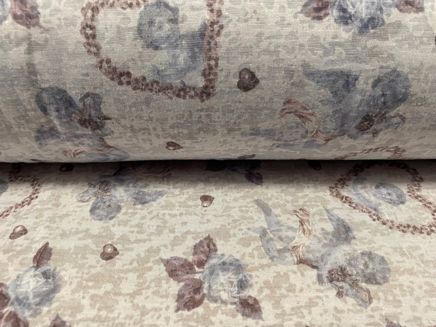 Viscose blend burnout single jersey fabric, per metre - Cupid in a love heart print - pale blue