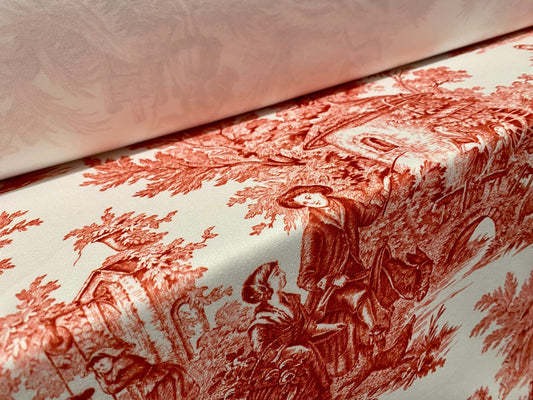 Scuba crepe fabric stretch spandex jersey, per metre - toile landscape print - dark orange & white