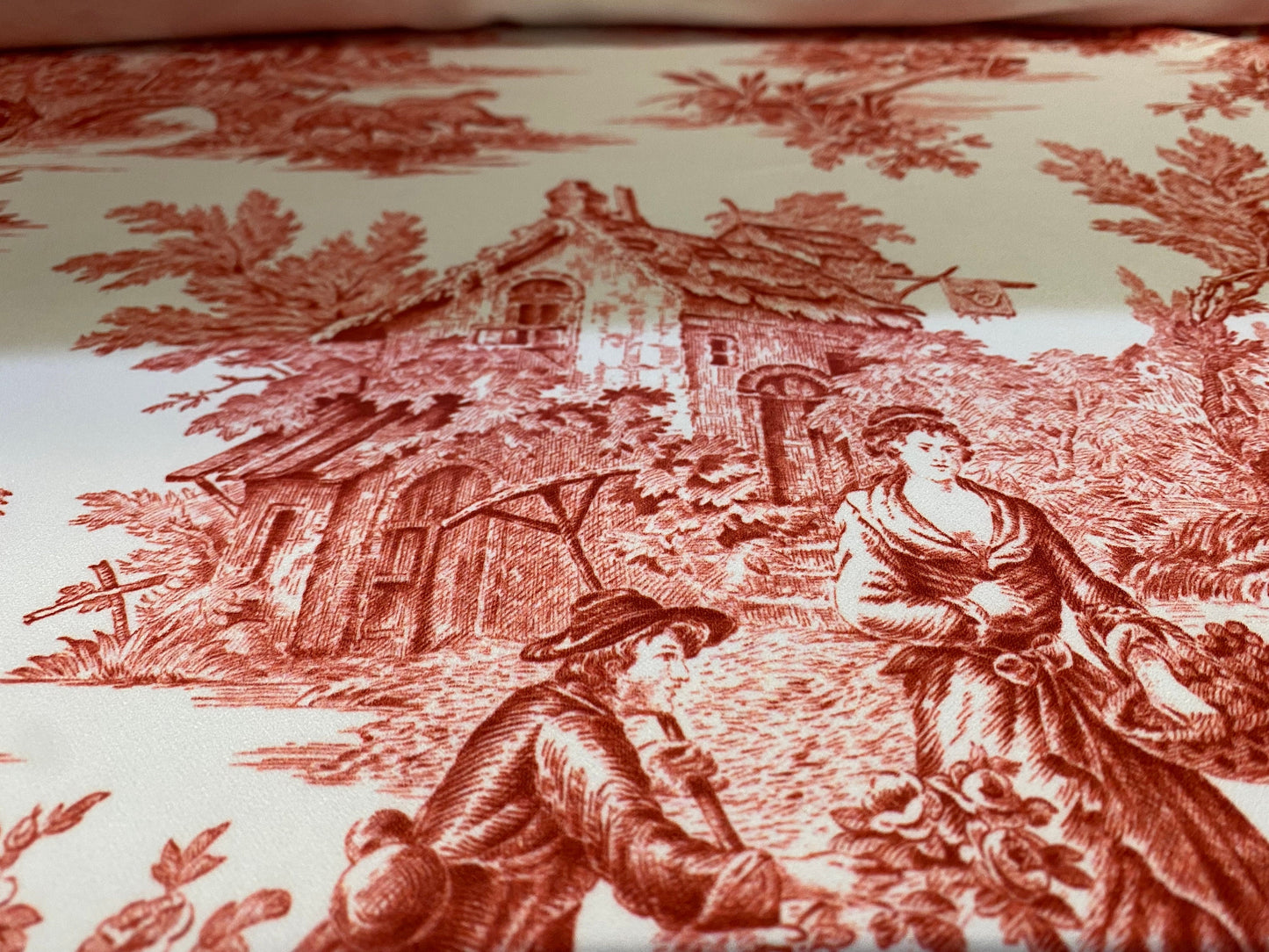 Scuba crepe fabric stretch spandex jersey, per metre - toile landscape print - dark orange & white