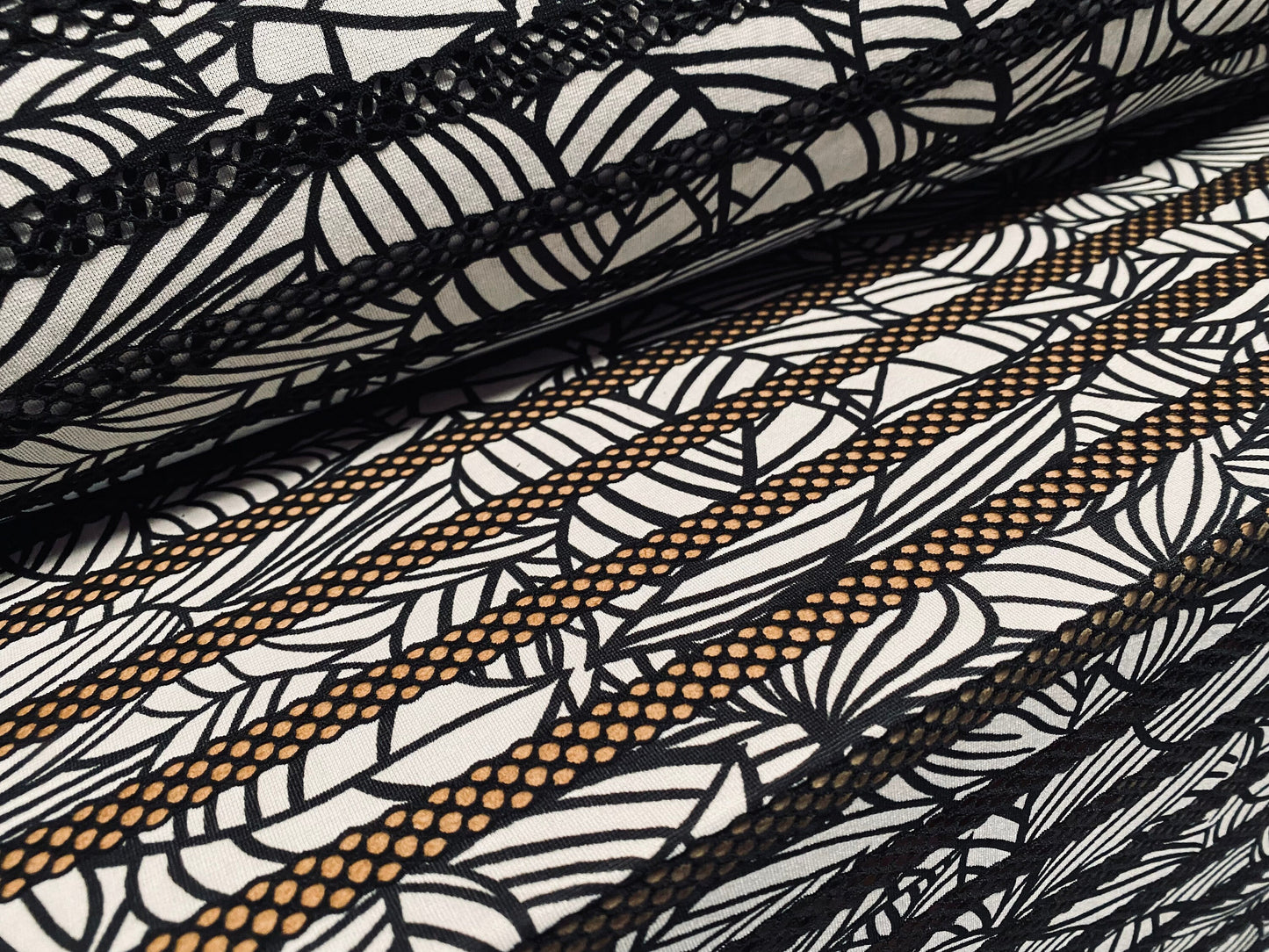 Fishnet mesh stretch spandex jersey print fabric - stripe - black & white