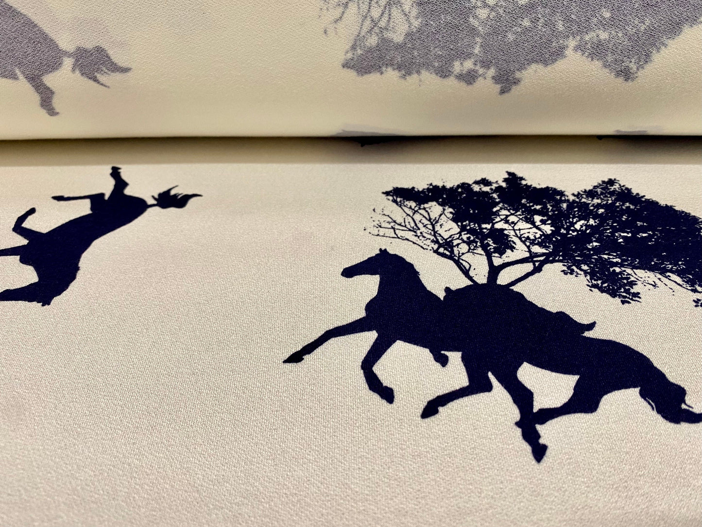 Viscose spandex crepe jersey fabric, per metre - wild horses print - cream & black