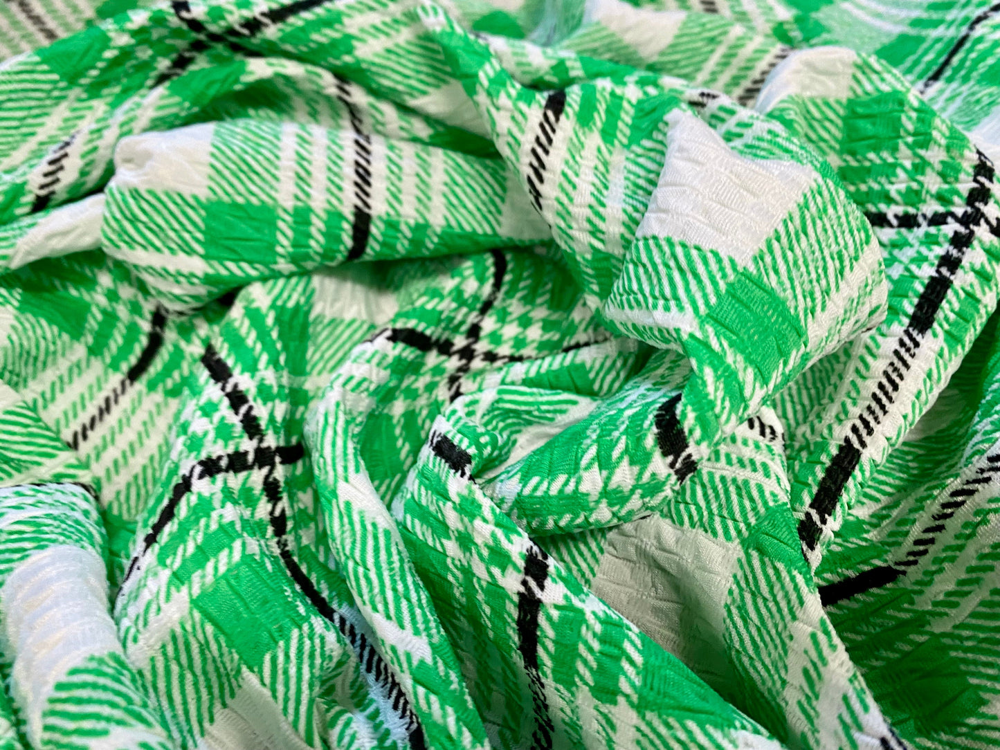 Stretch jacquard double jersey knit spandex dress fabric, per metre - tartan check print - green