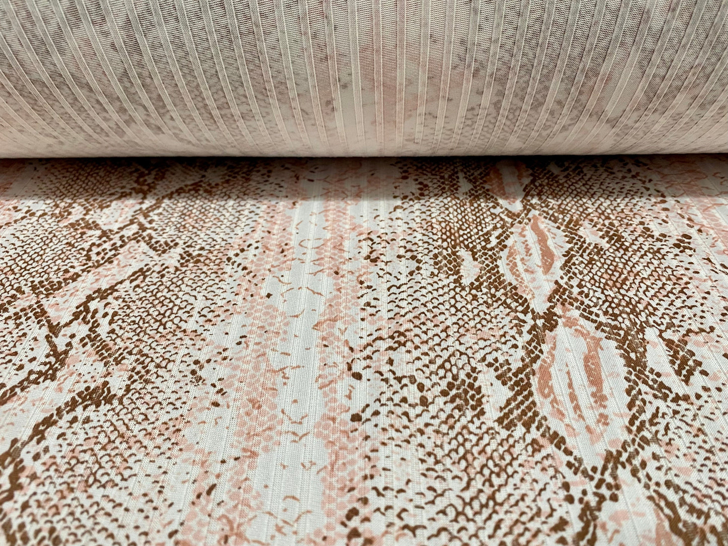 Spandex stretch rib jersey fabric, per metre - snakeskin animal print - blush & dusky pink