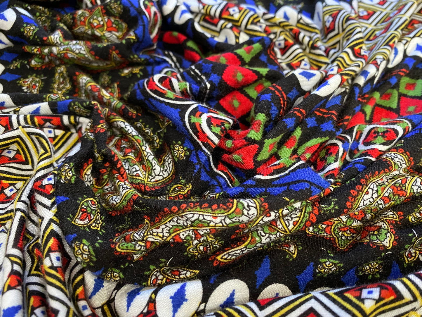 Viscose spandex stretch single jersey fabric, per metre - Paisley stripe print - blue red & black