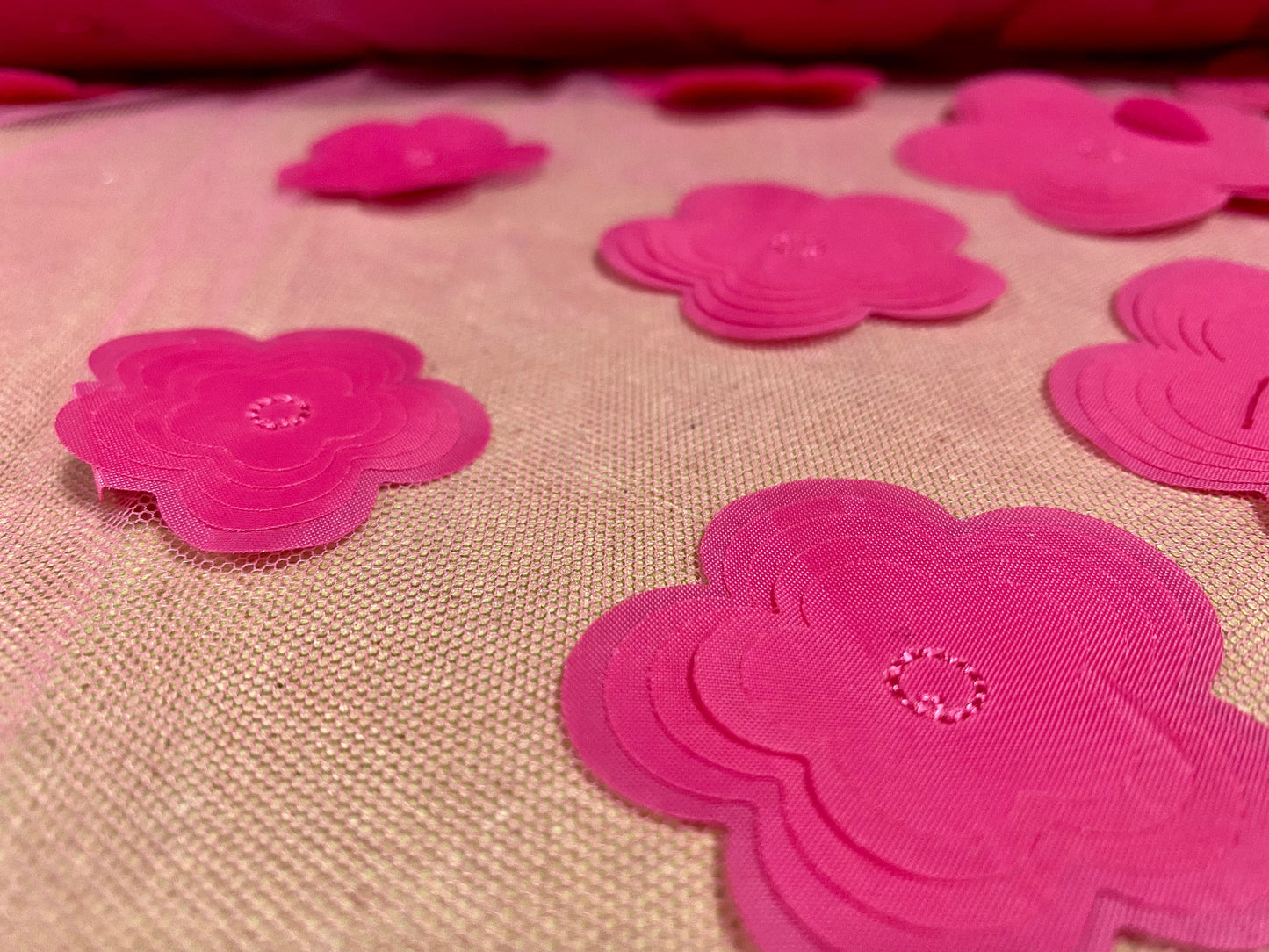 Tutu tulle mesh net couture fabric, per metre - layered appliqué flower - cerise pink