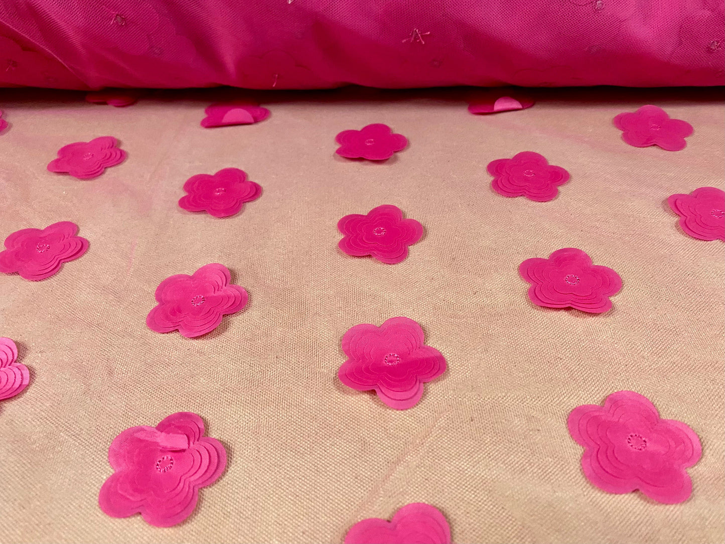 Tutu tulle mesh net couture fabric, per metre - layered appliqué flower - cerise pink