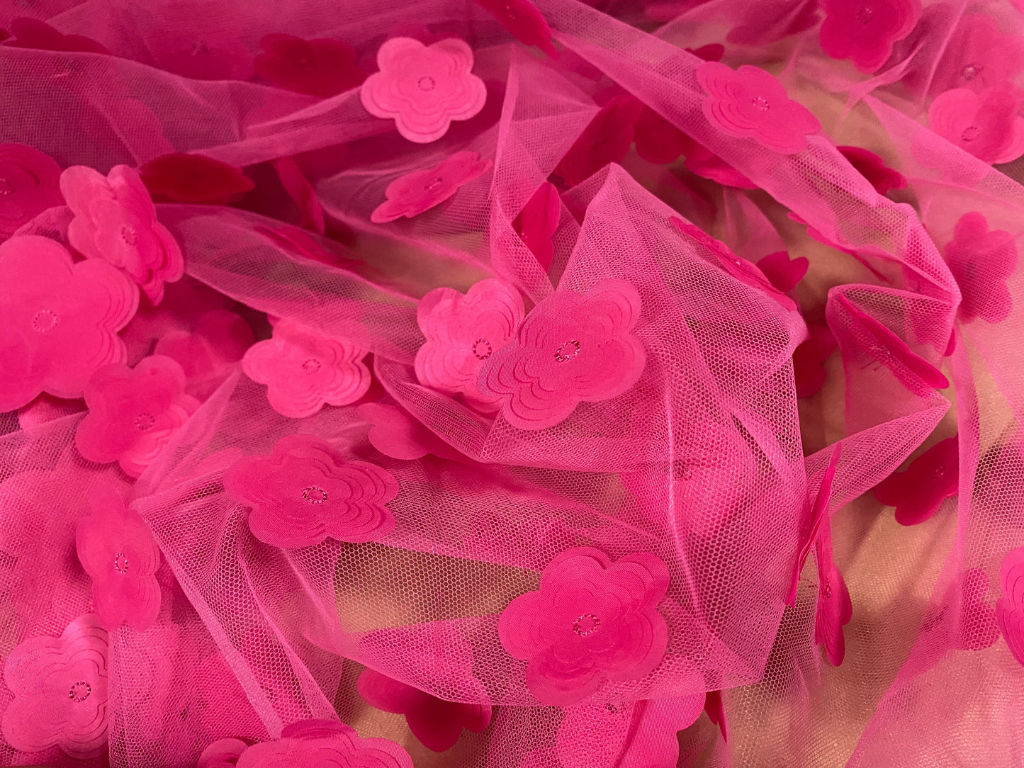 Tutu tulle mesh net couture fabric, per metre - layered appliqué flower - cerise pink