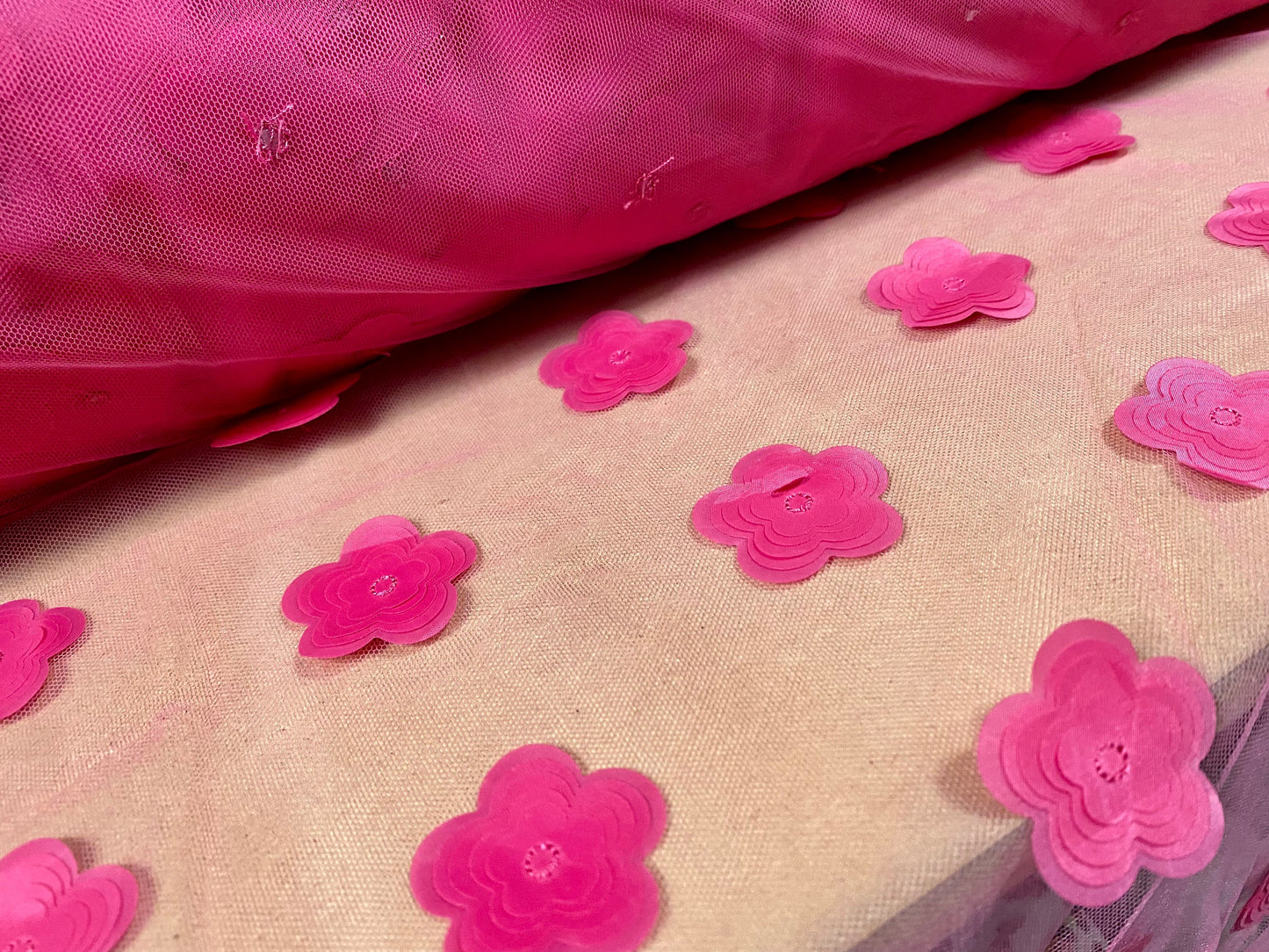 Tutu tulle mesh net couture fabric, per metre - layered appliqué flower - cerise pink