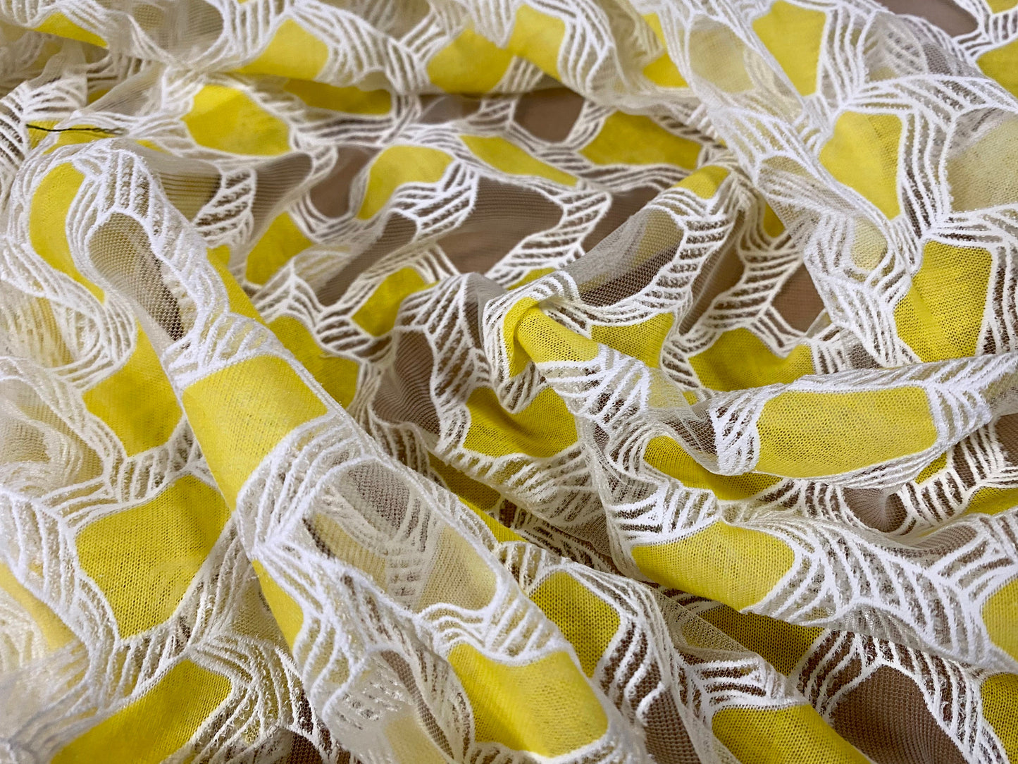 Embroidered organza burnout fabric, per metre - geometric pattern - white yellow