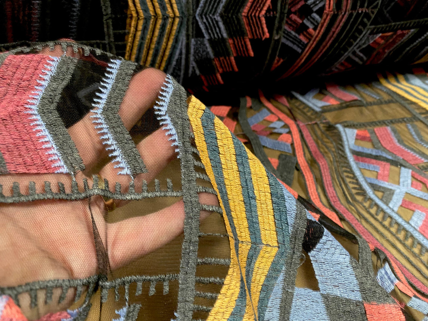 Couture fabric - multicoloured cotton blend geometric Aztec embroidery, per metre - blue coral