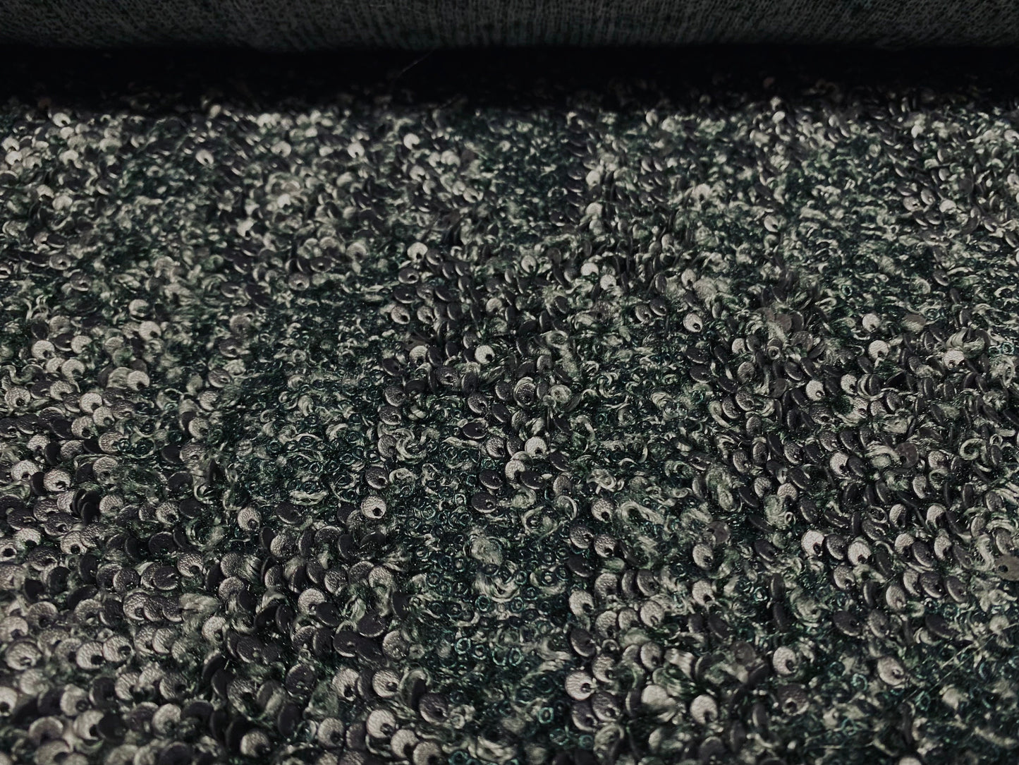 Bouclé faux fur couture fabric with sequins, per metre - green, grey