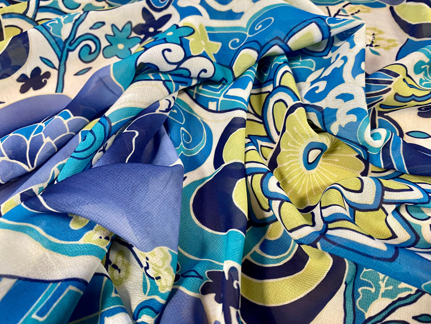 Printed chiffon woven dress blouse fabric, per metre - jumbo Paisley flower print - bright blue and lime