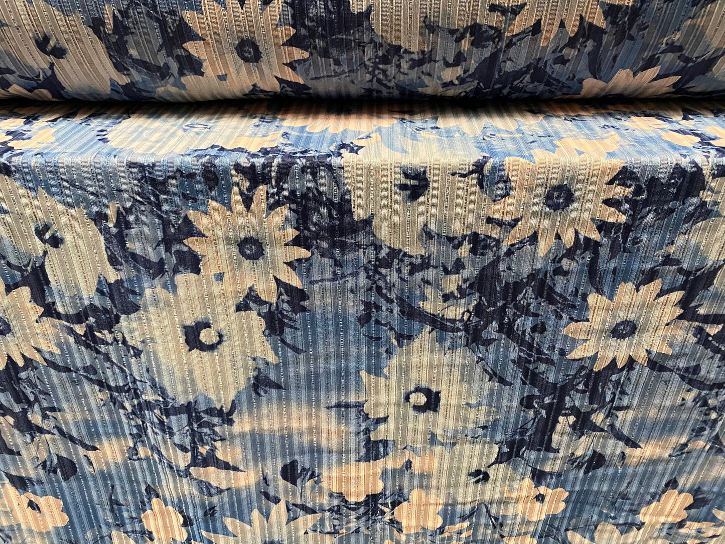 Spandex stretch rib jersey fabric, per metre - gerbera flower print - nude & blue