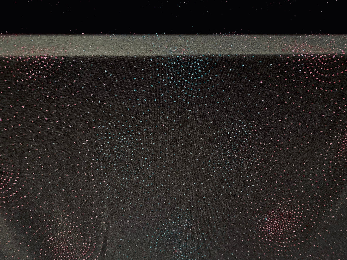 Spandex stretch Single jersey fabric, per metre - black with turquoise and pink glitter swirl