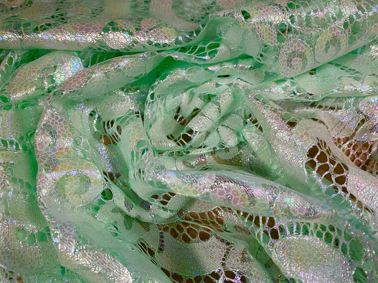 Pearlescent shimmer 2 tone lace dress fabric, per metre - floral swirl design - mint