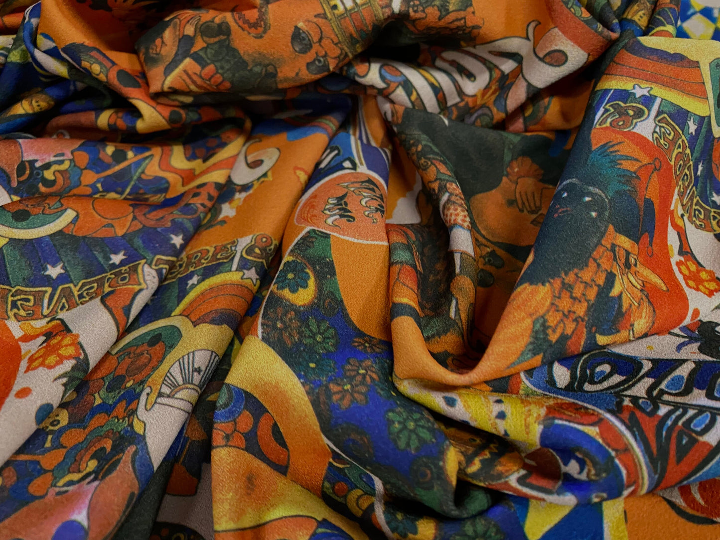 Scuba fabric stretch spandex jersey, per metre - American Hippy Revolution print - orange