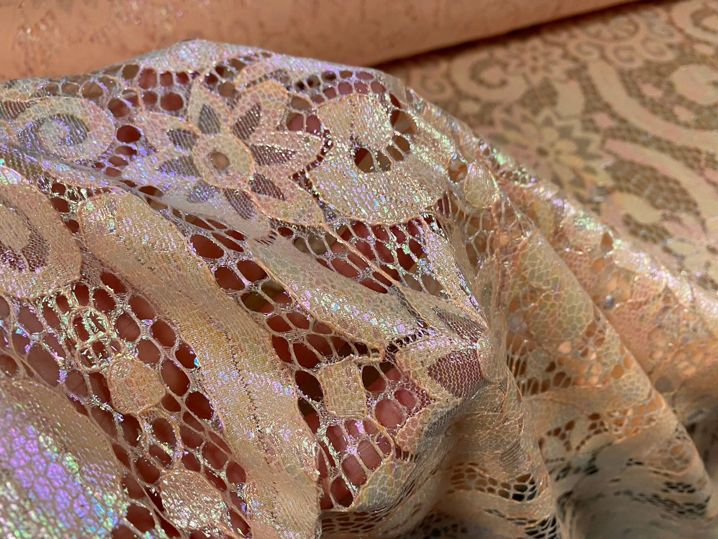 Pearlescent shimmer 2 tone lace dress fabric, per metre - floral swirl design - salmon