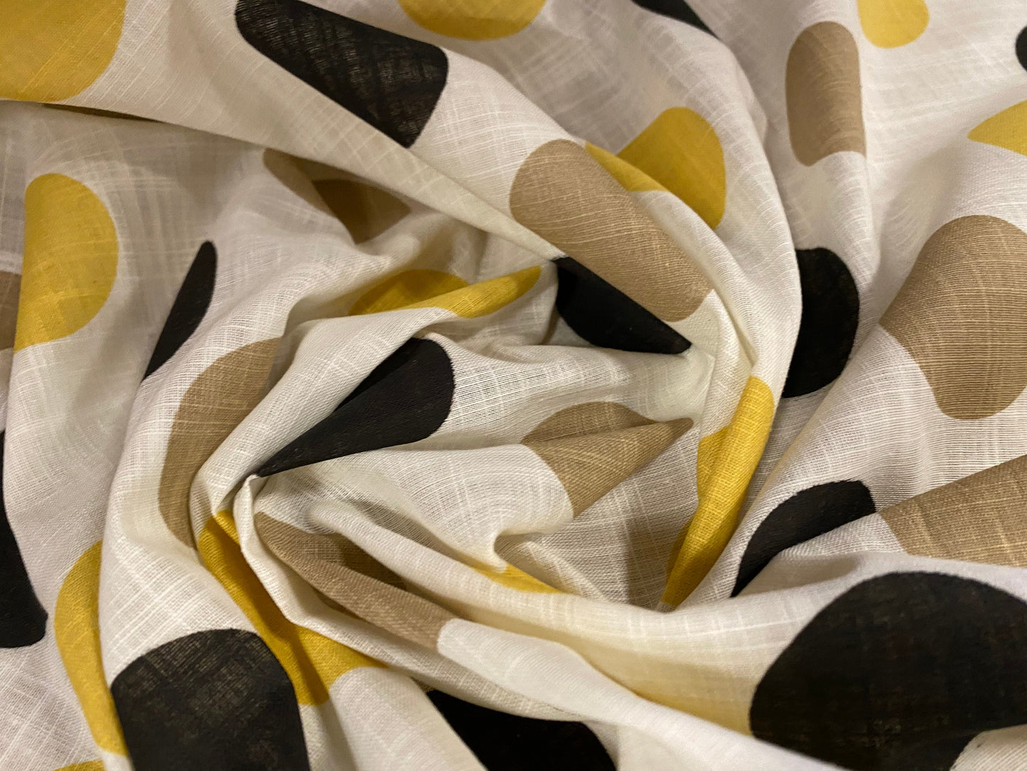 Linen woven dress fabric, per metre - circles print - Ivory mustard tan