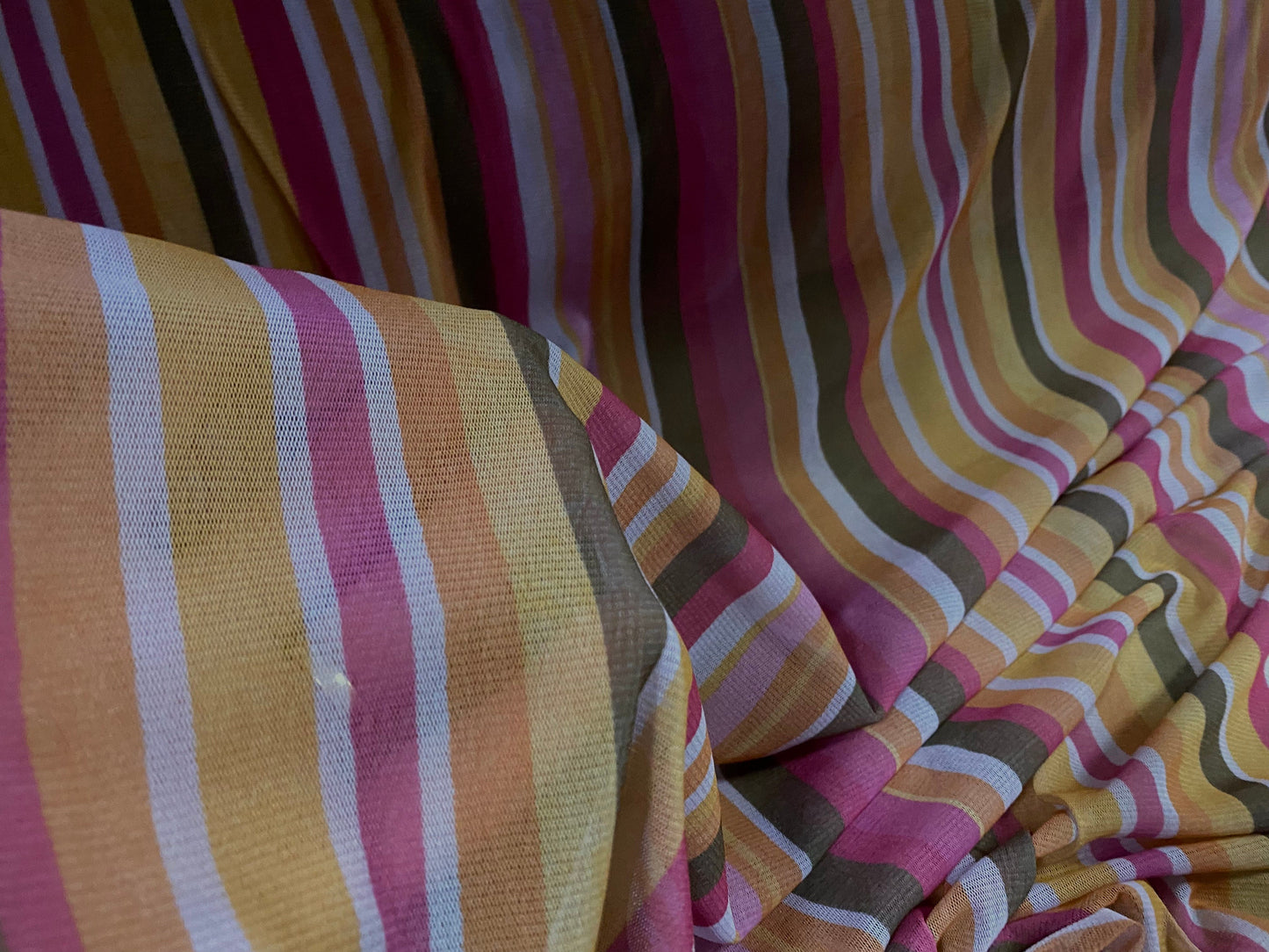 Stretch helenca mesh fabric, sheer, per metre - block stripe print - magenta Orange black