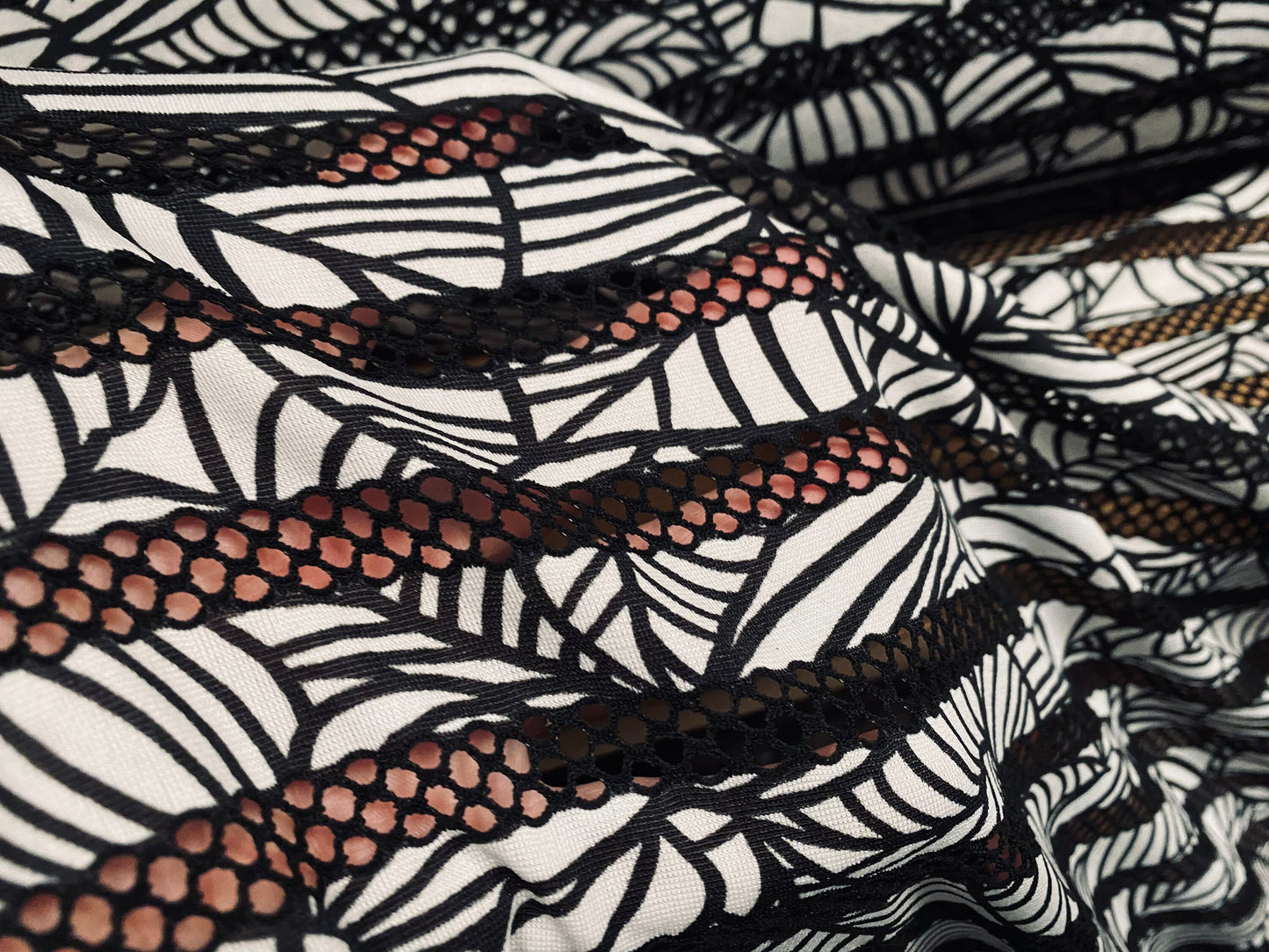 Fishnet mesh stretch spandex jersey print fabric - stripe - black & white