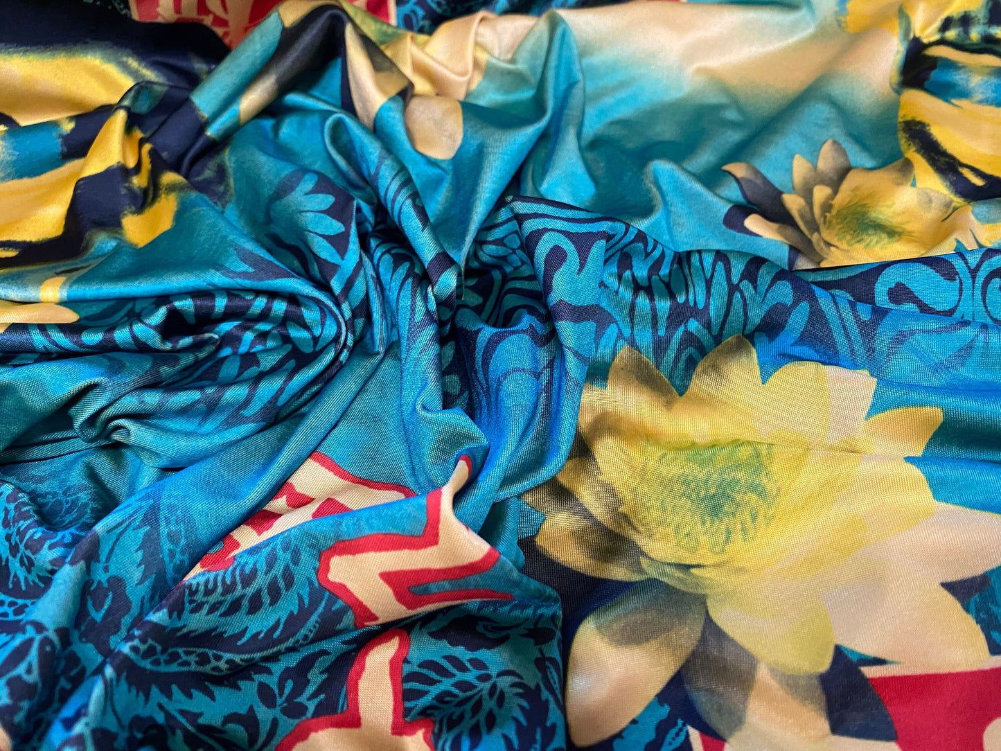 Printed ITY spandex stretch Jersey fabric, per metre - Japanese symbols, doll and lotus flower print