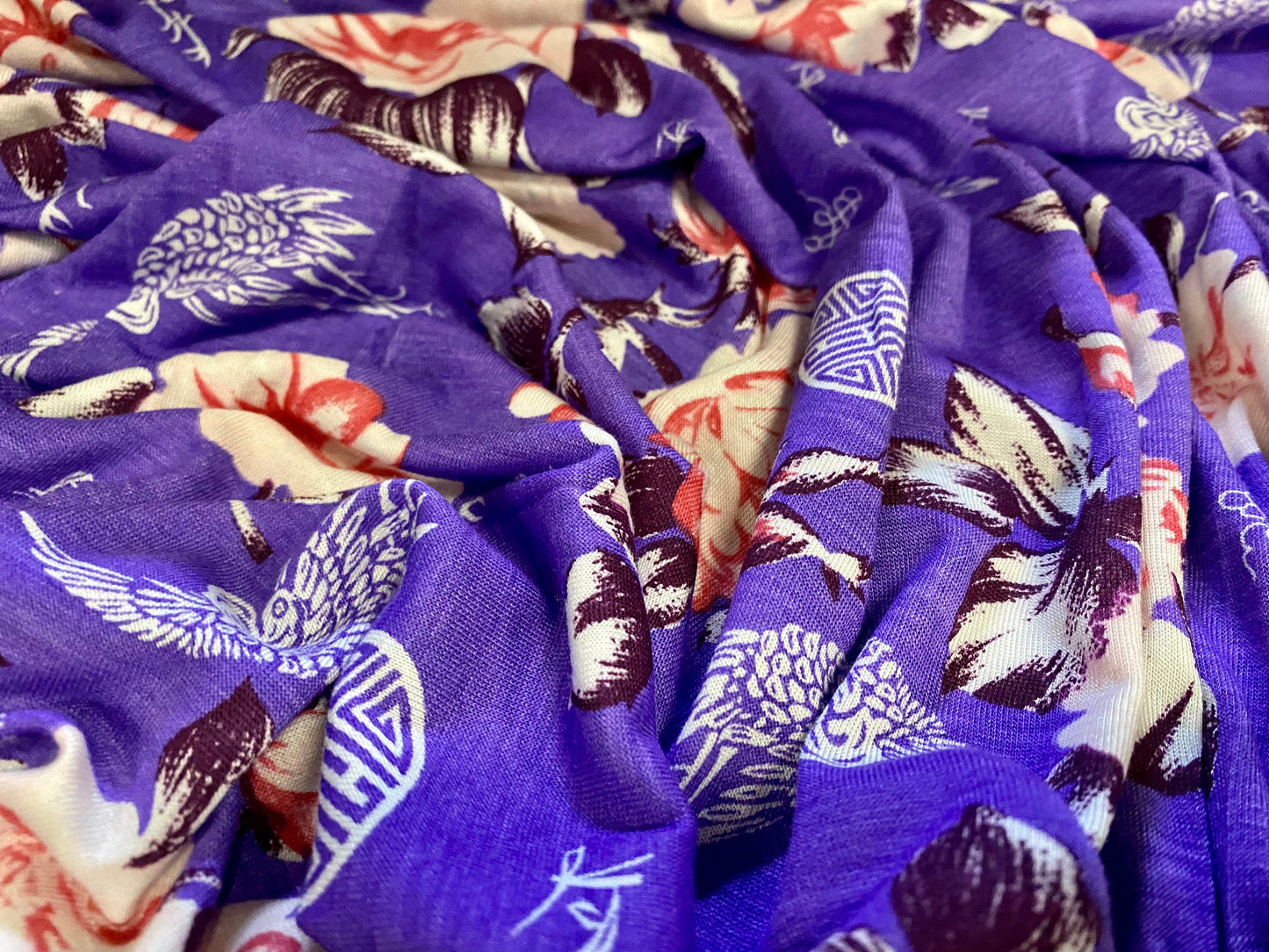 Viscose spandex stretch single jersey fabric, per metre - labyrinth and flowers print - purple