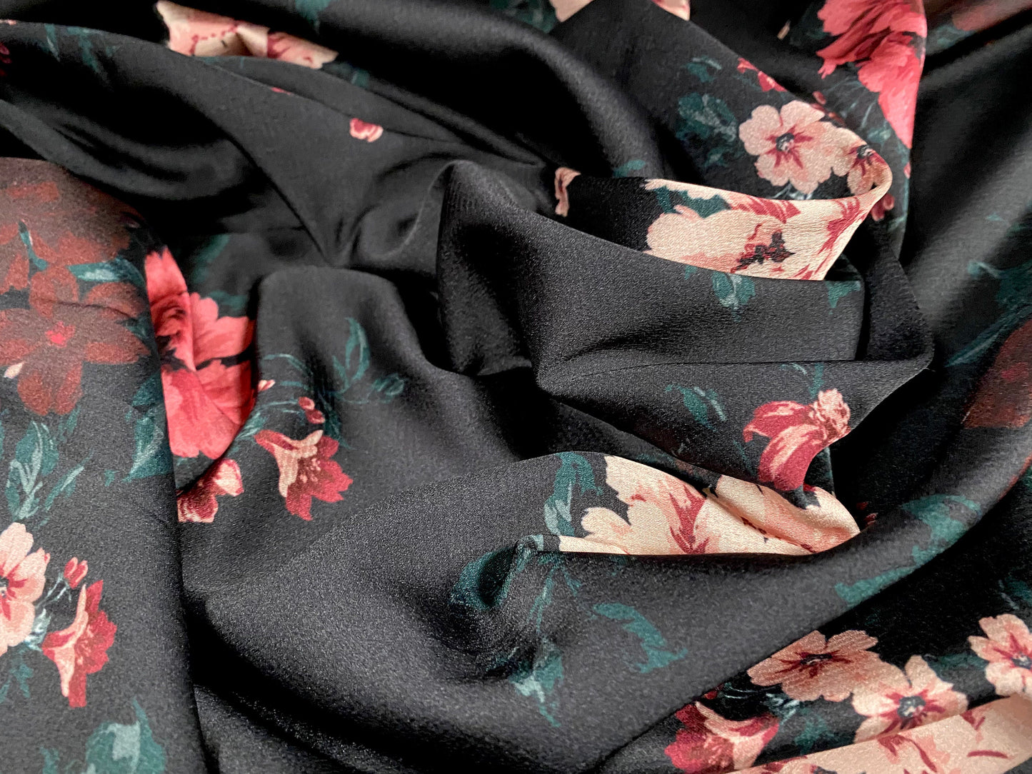 Stretch sateen woven dress fabric, per metre - flower print - black & pink