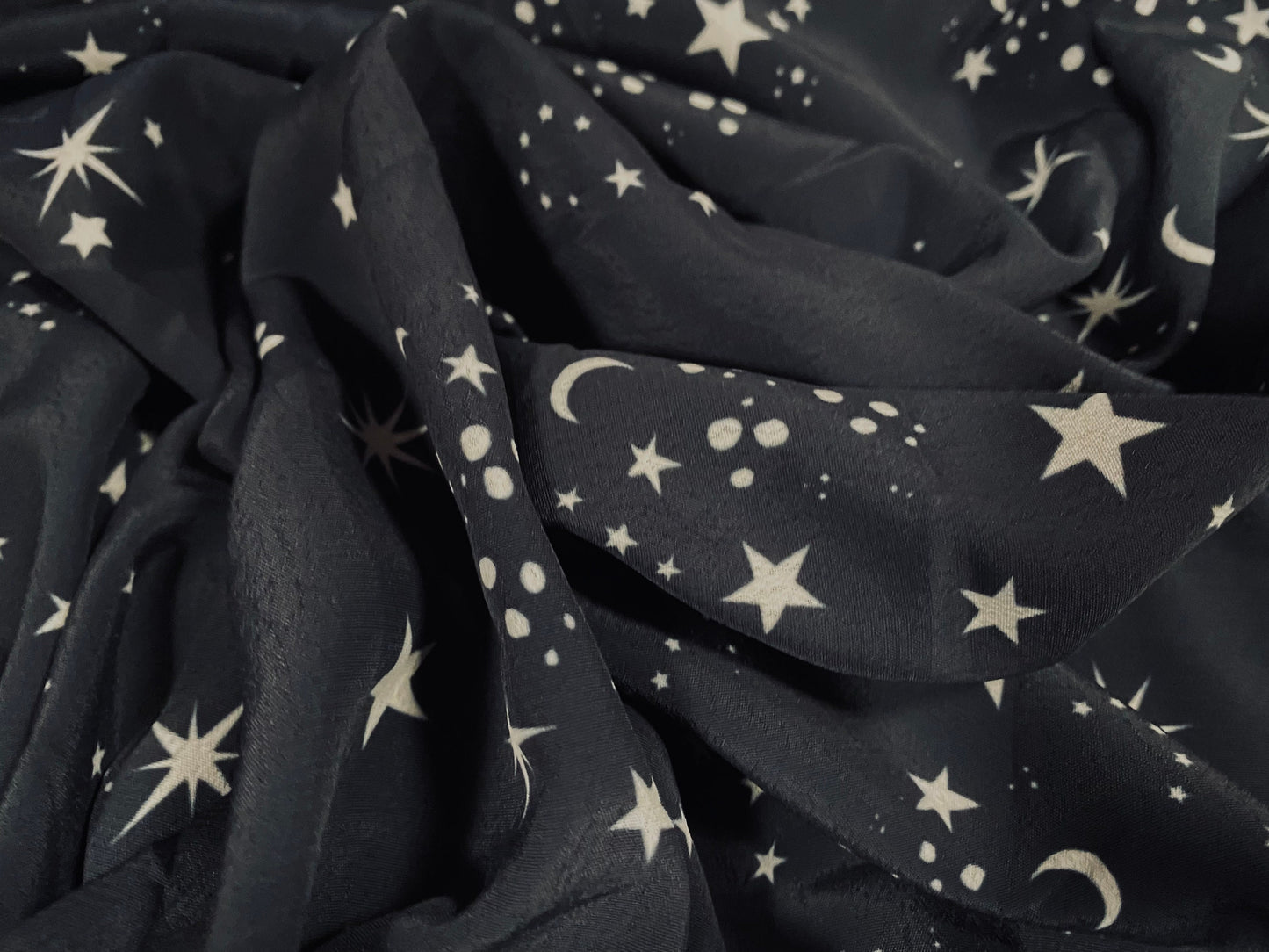 Marocain crepe woven dress fabric, per metre - constellation stars night sky print - black